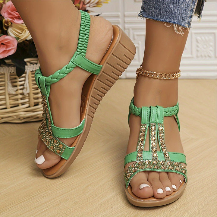 Women's Rhinestone T-Strap Wedge Orthopedic Sandals