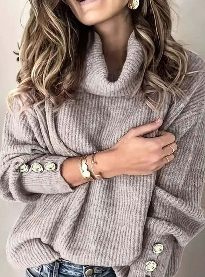 Women's Ribbed Cowl Neck Sweater Button-Cuff Knit Pullover - Gray