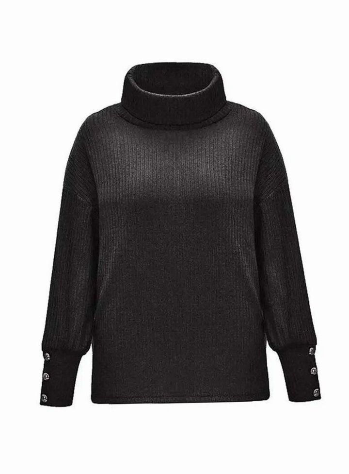 Women's Ribbed Cowl Neck Sweater Button-Cuff Knit Pullover