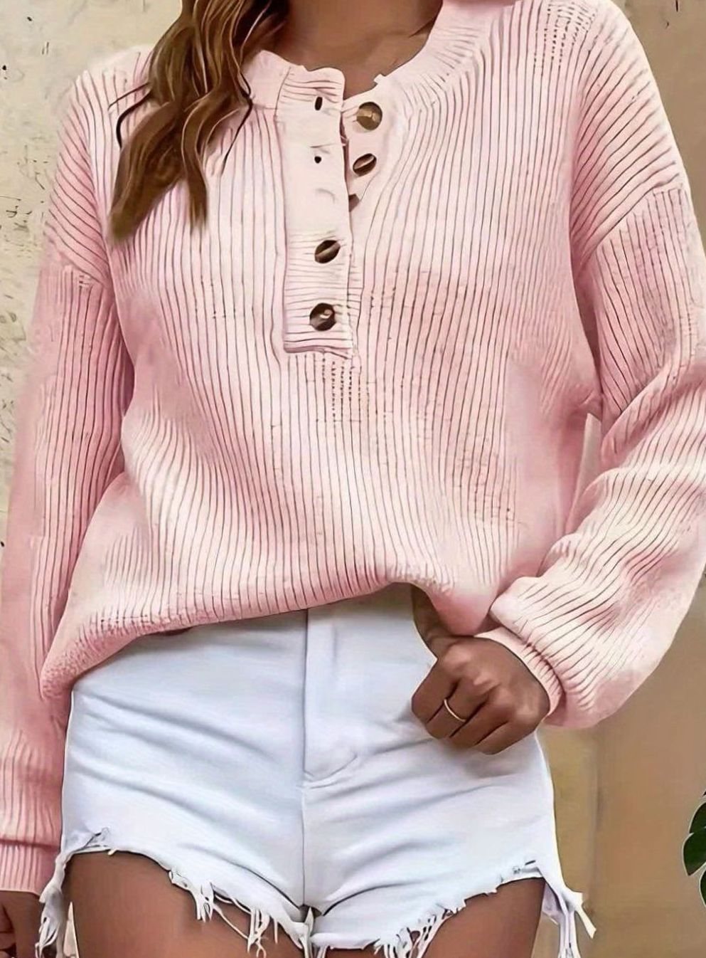Women's Ribbed Henley Button-Neck Relaxed Pullover Sweater