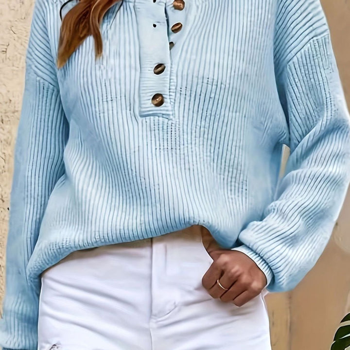 Women's Ribbed Henley Button-Neck Relaxed Pullover Sweater - Sky Blue