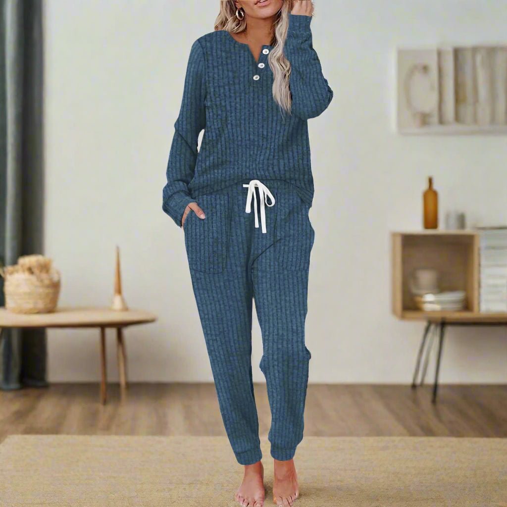 Women's Ribbed Henley Long-Sleeve Drawstring Loungewear Two-Piece Set