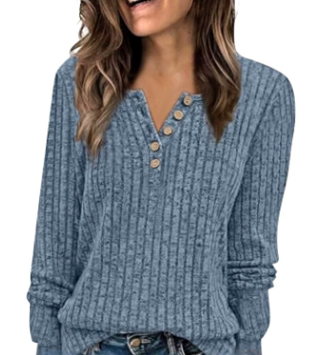 Women's Ribbed Knit Button-Up Long Sleeve Henley Sweater - Blue