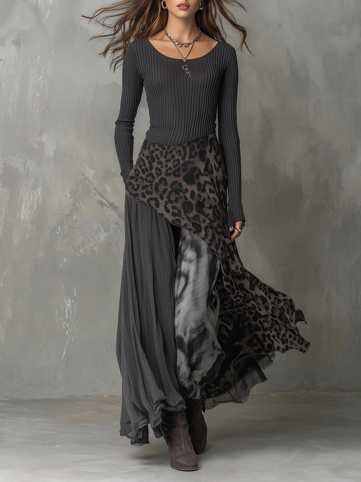 Women's Ribbed Knit Leopard Print Irregular Hem Maxi Long Sleeve Dress - Gray