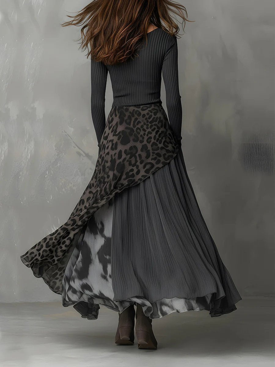 Women's Ribbed Knit Leopard Print Irregular Hem Maxi Long Sleeve Dress