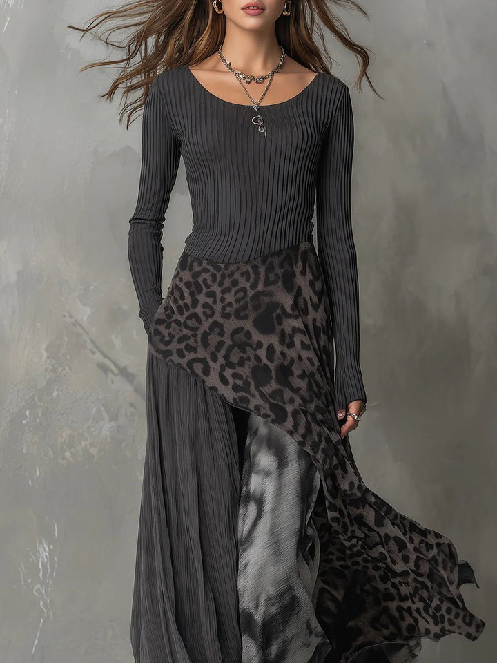 Women's Ribbed Knit Leopard Print Irregular Hem Maxi Long Sleeve Dress