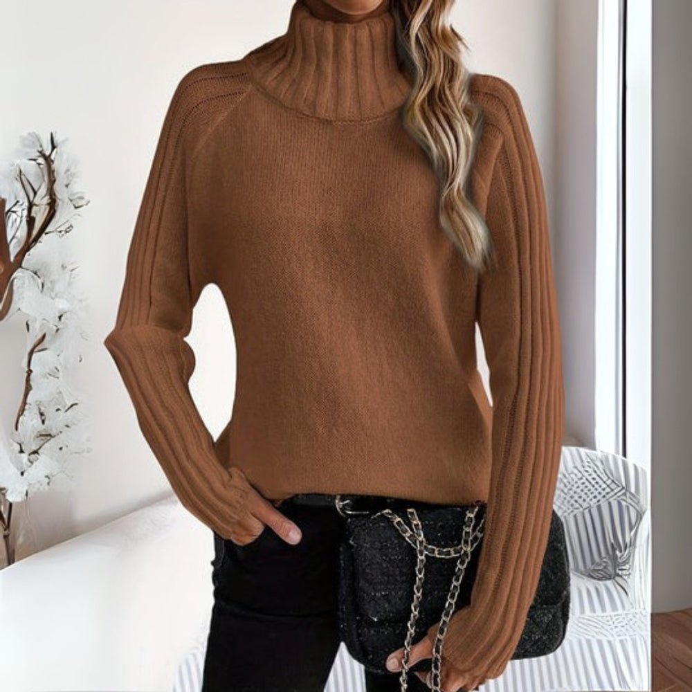 Women's Ribbed Raglan-Sleeve Turtleneck Sweater - Brown