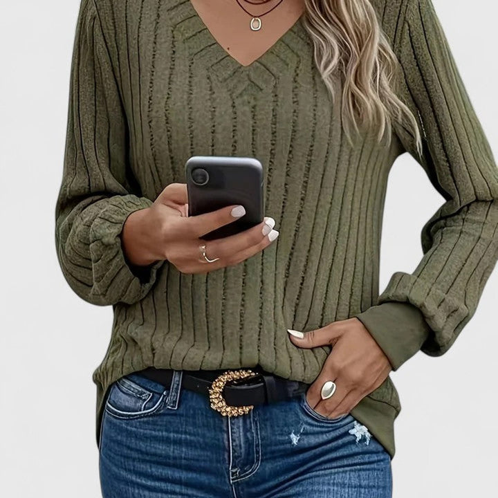 Women's Ribbed V-Neck Long Sleeve Knit Sweater