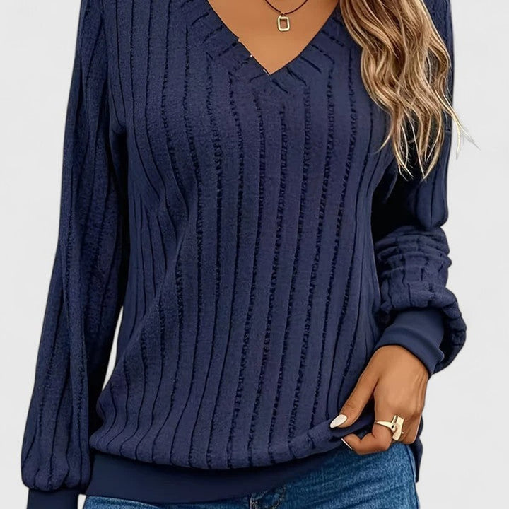 Women's Ribbed V-Neck Long Sleeve Knit Sweater - Navy Blue