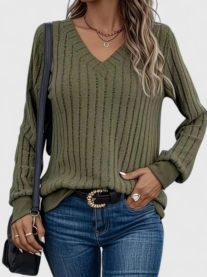 Women's Ribbed V-Neck Long Sleeve Knit Sweater - Green