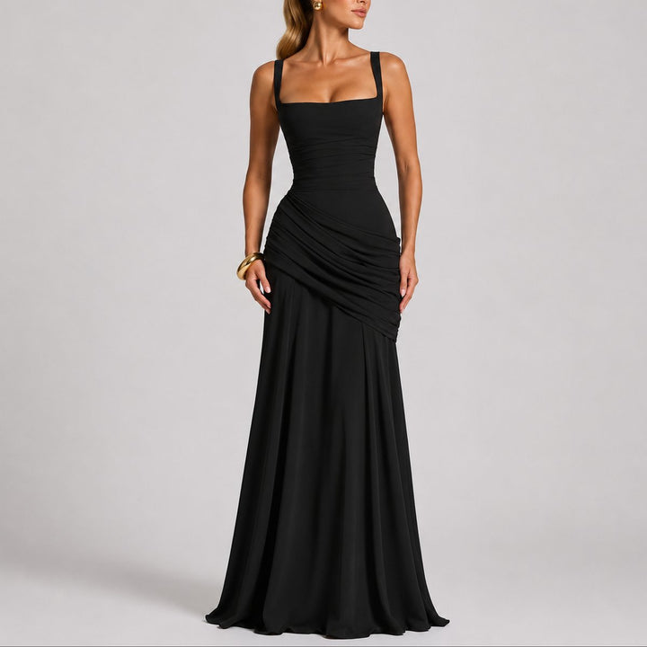 Women's Ruched Maxi Fall Wedding Guest Dress Square Neck - Black