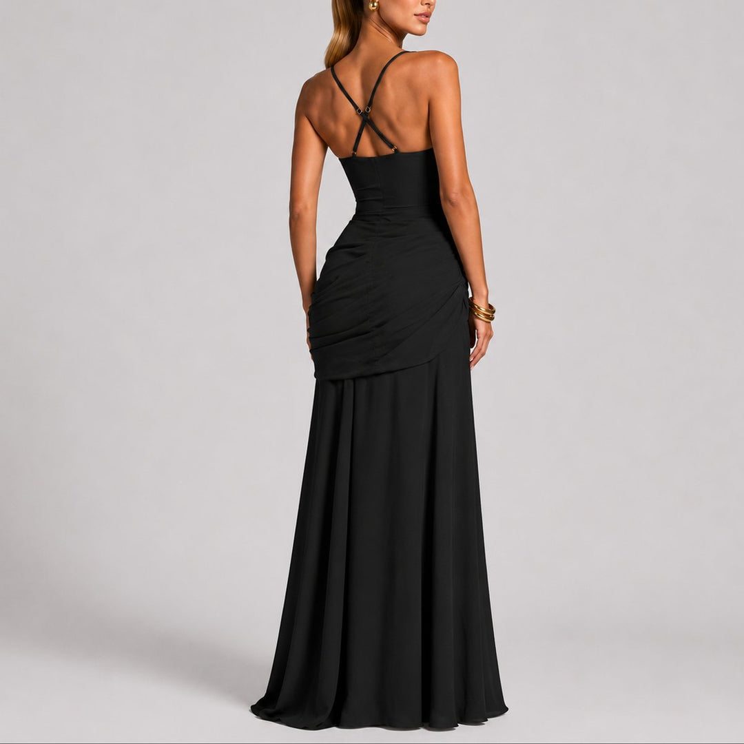 Women's Ruched Maxi Fall Wedding Guest Dress Square Neck