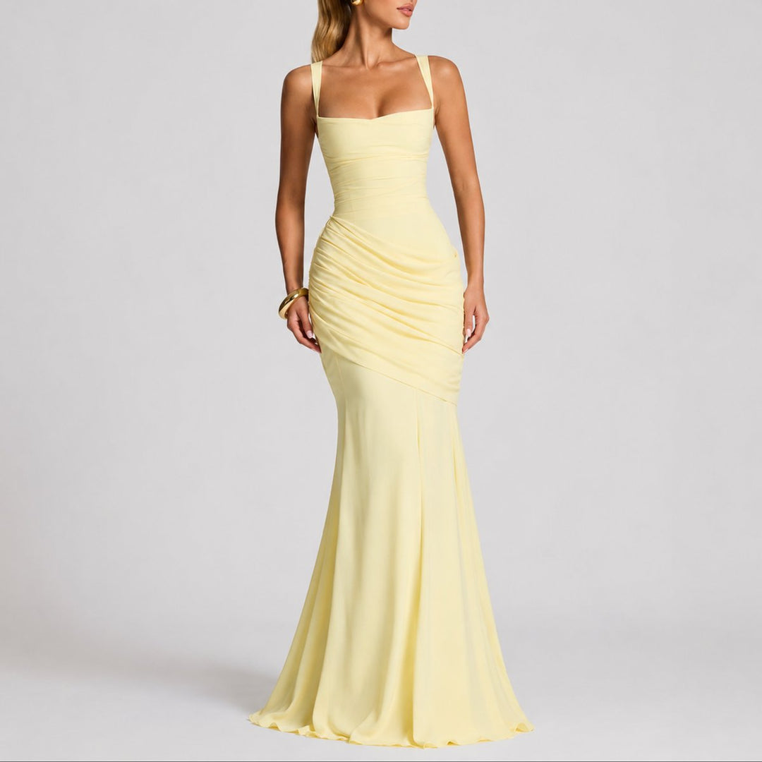 Women's Ruched Maxi Fall Wedding Guest Dress Square Neck - Yellow