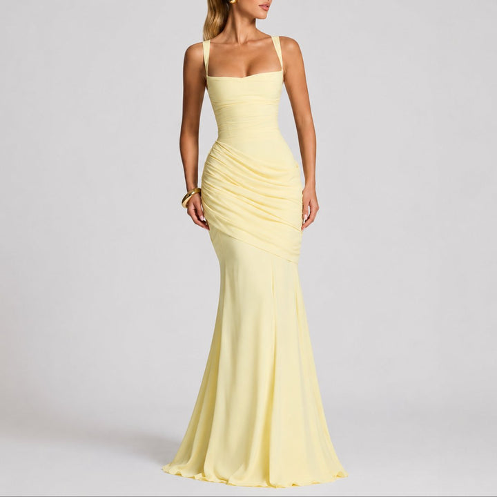 Women's Ruched Maxi Fall Wedding Guest Dress Square Neck - Yellow