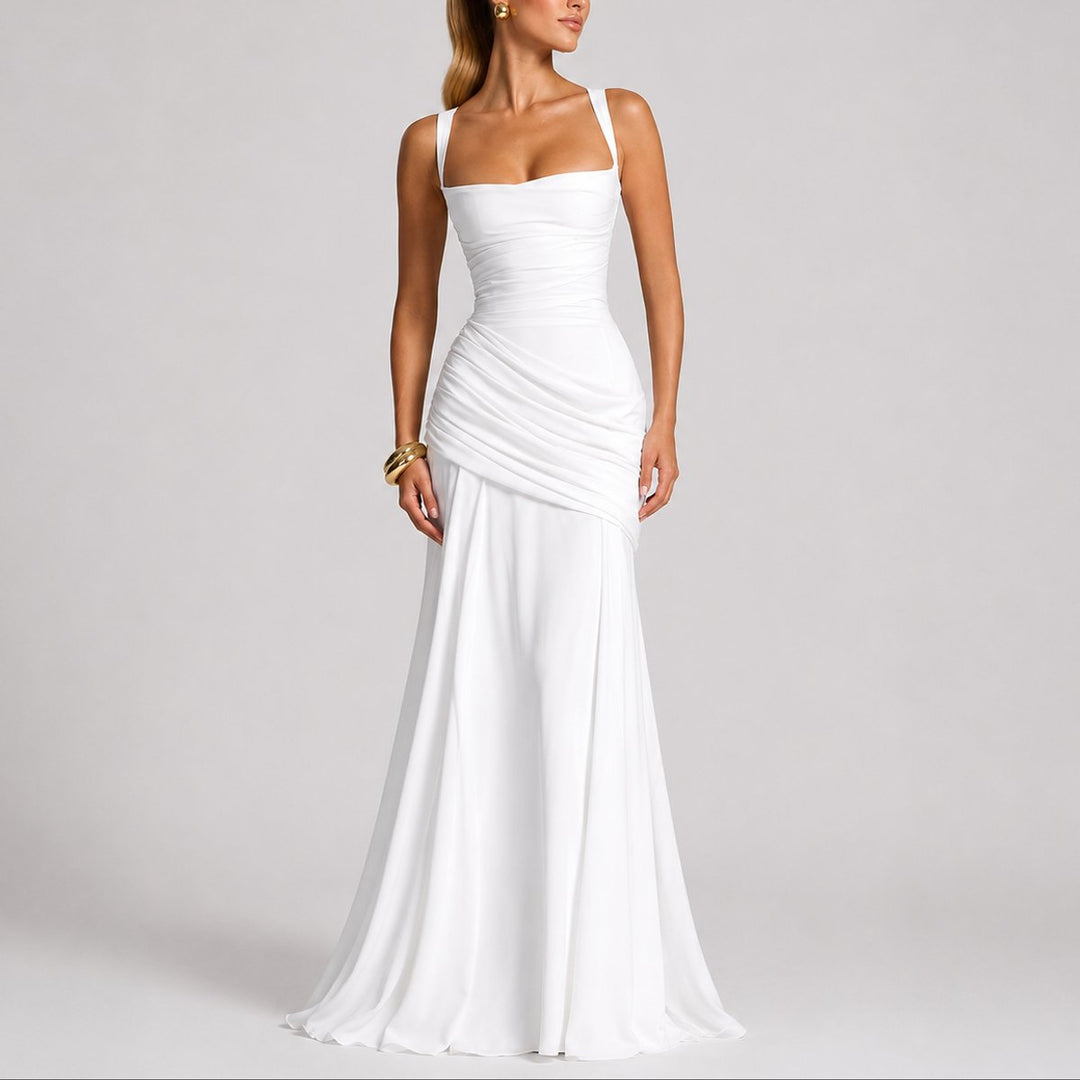 Women's Ruched Maxi Fall Wedding Guest Dress Square Neck - White
