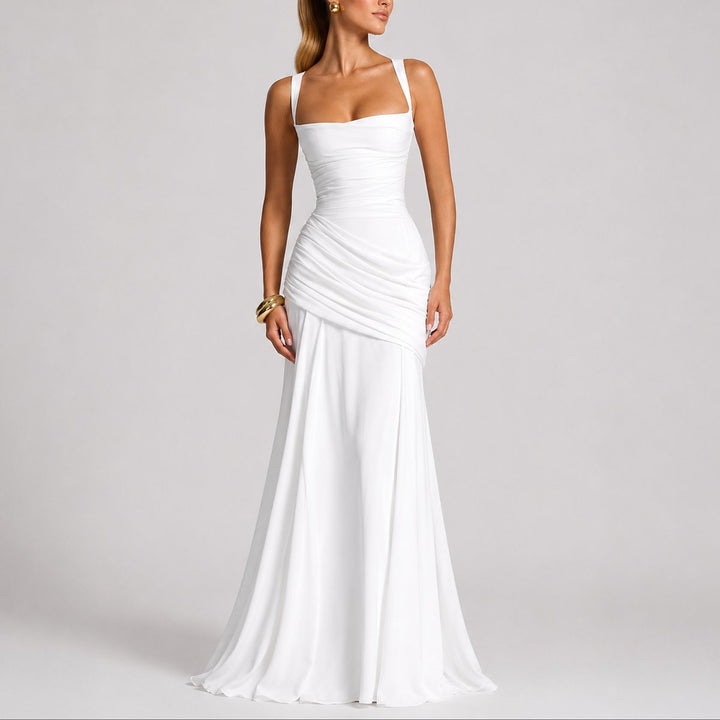 Women's Ruched Maxi Fall Wedding Guest Dress Square Neck - White