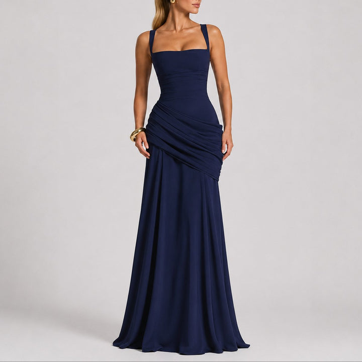 Women's Ruched Maxi Fall Wedding Guest Dress Square Neck - Navy