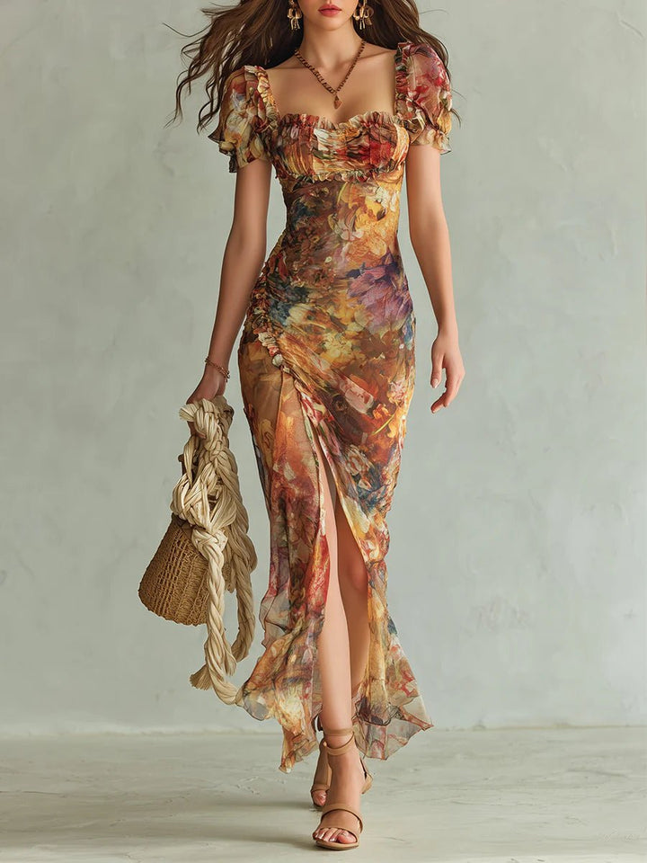 Women's Ruched Sweetheart Floral Chiffon Side-Slit Maxi Dress - Orange