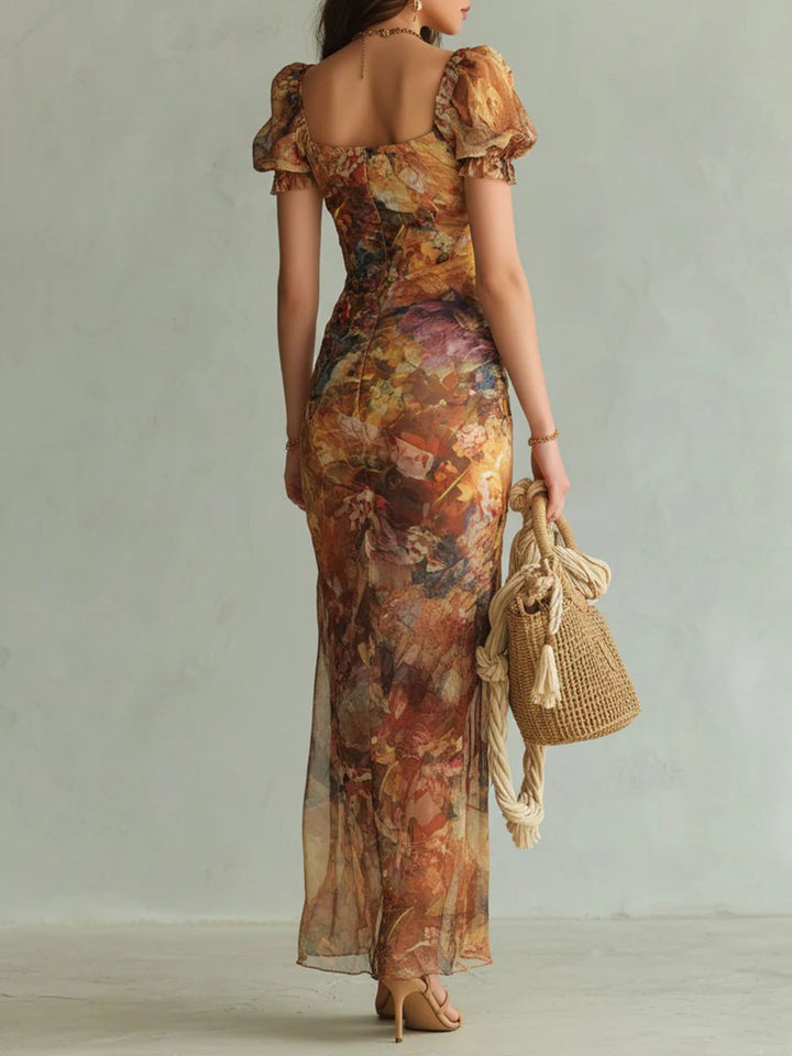 Women's Ruched Sweetheart Floral Chiffon Side-Slit Maxi Dress