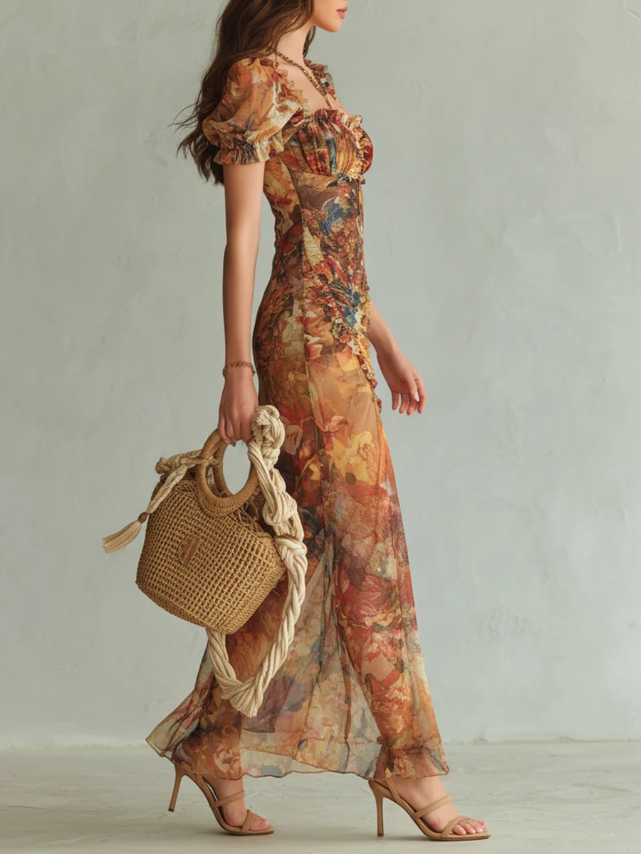 Women's Ruched Sweetheart Floral Chiffon Side-Slit Maxi Dress