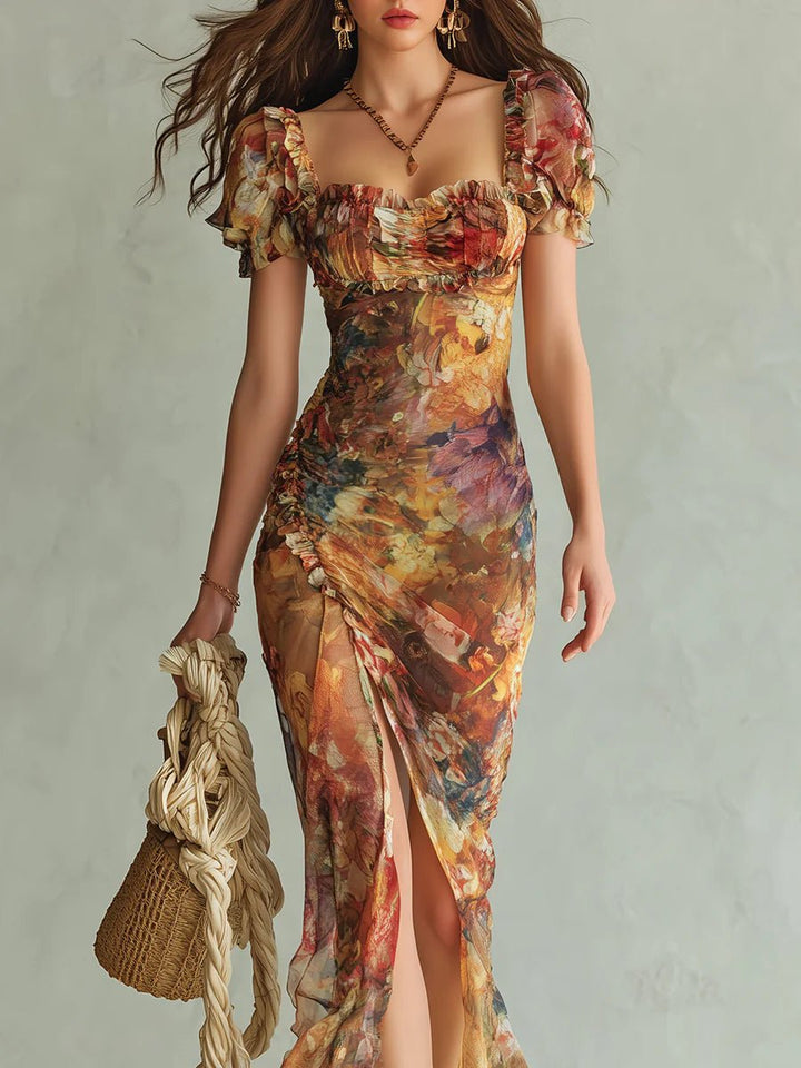 Women's Ruched Sweetheart Floral Chiffon Side-Slit Maxi Dress