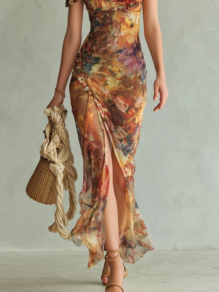 Women's Ruched Sweetheart Floral Chiffon Side-Slit Maxi Dress