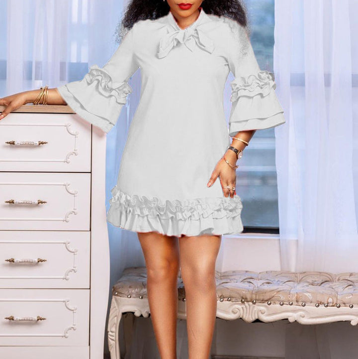 Women's Ruffle-Trim Bow-Neck Tunic Mini Dress