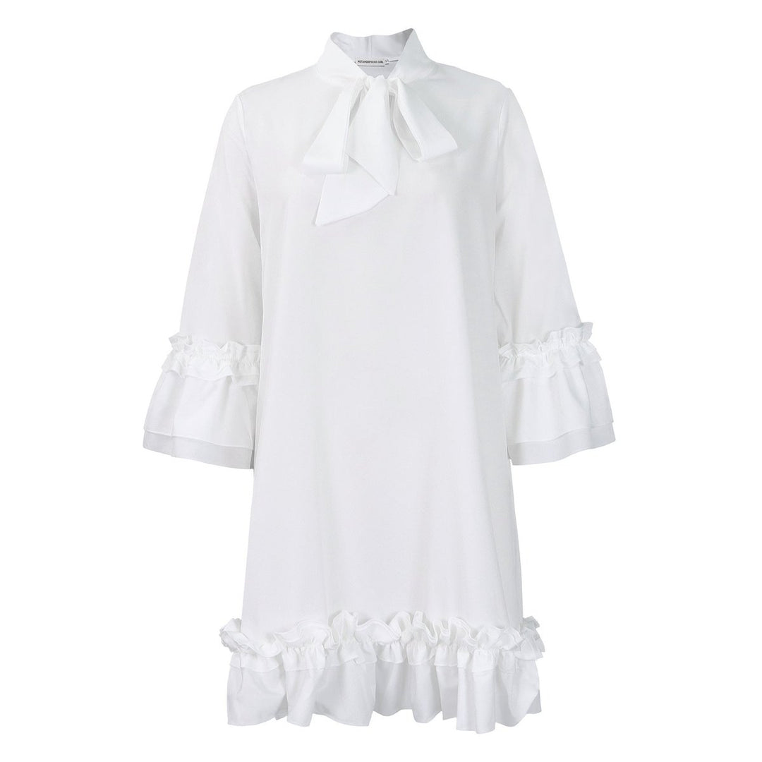 Women's Ruffle-Trim Bow-Neck Tunic Mini Dress - Weiß