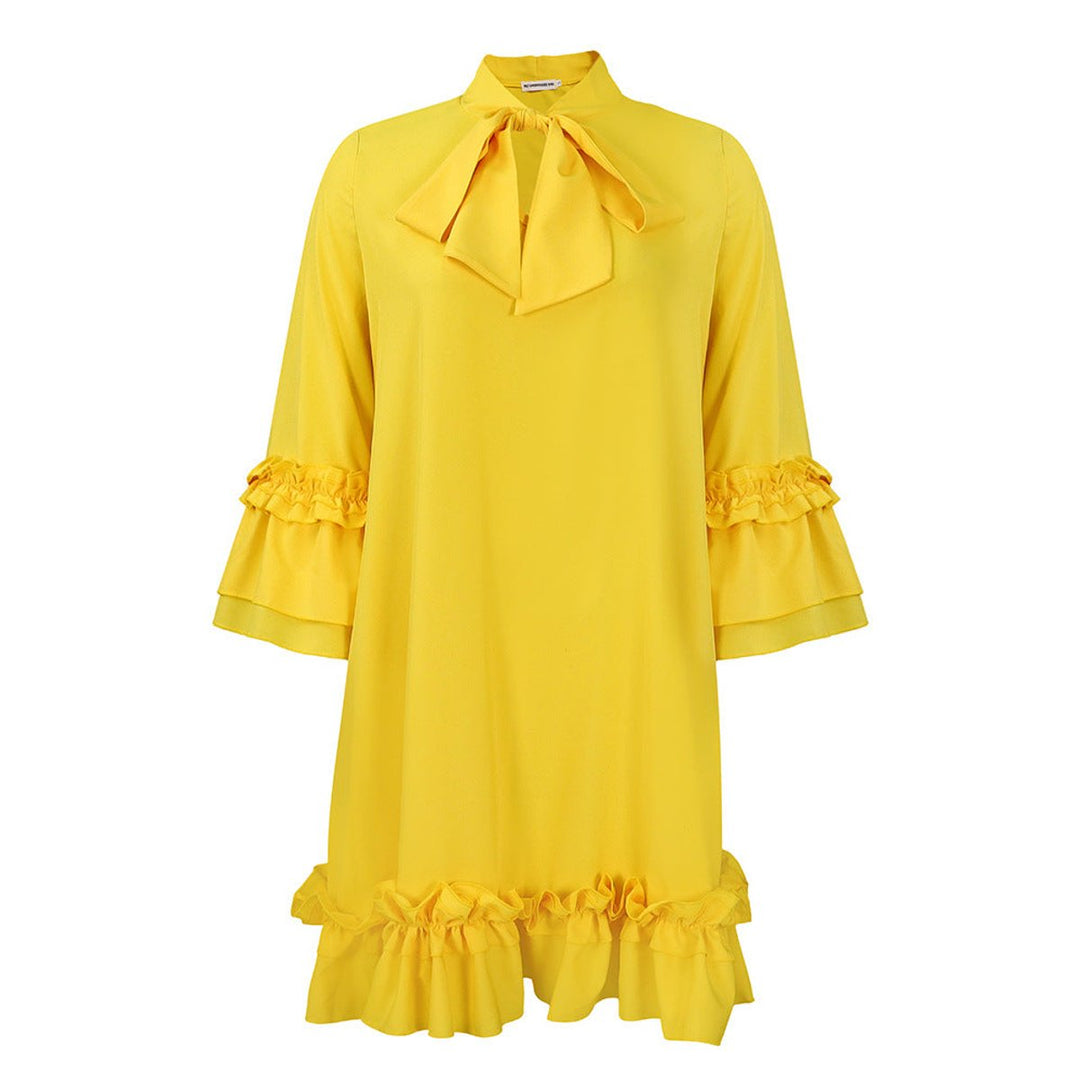 Women's Ruffle-Trim Bow-Neck Tunic Mini Dress - Gelb
