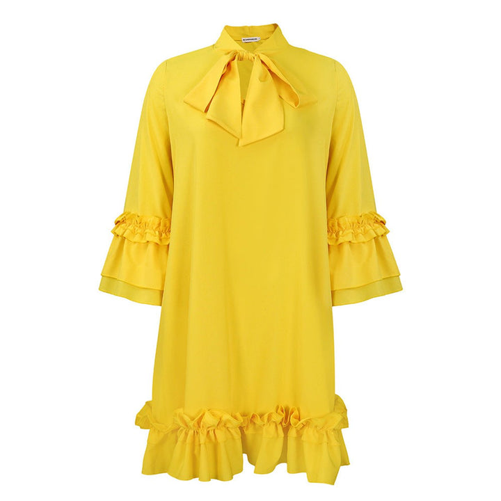 Women's Ruffle-Trim Bow-Neck Tunic Mini Dress - Gelb