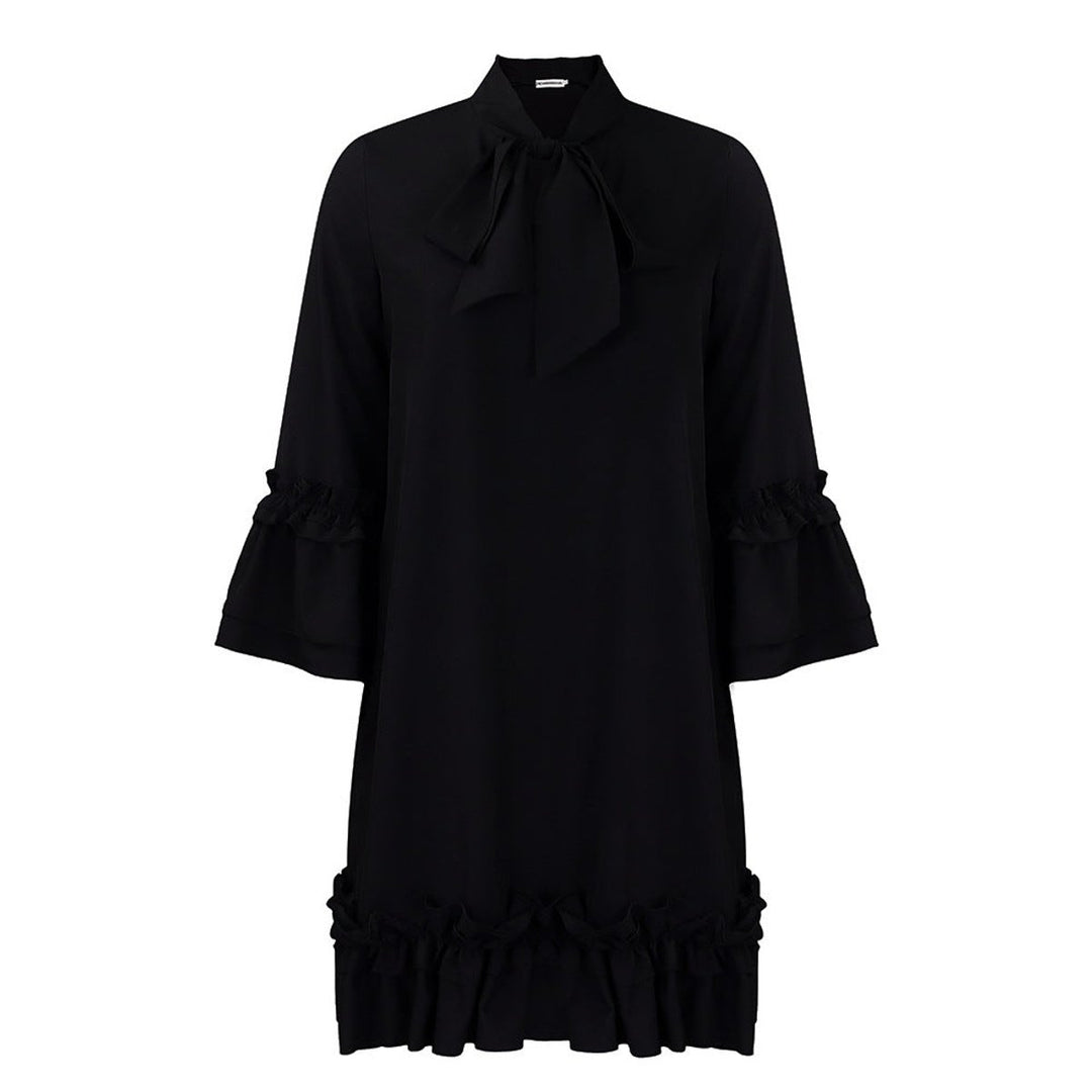 Women's Ruffle-Trim Bow-Neck Tunic Mini Dress - Schwarz