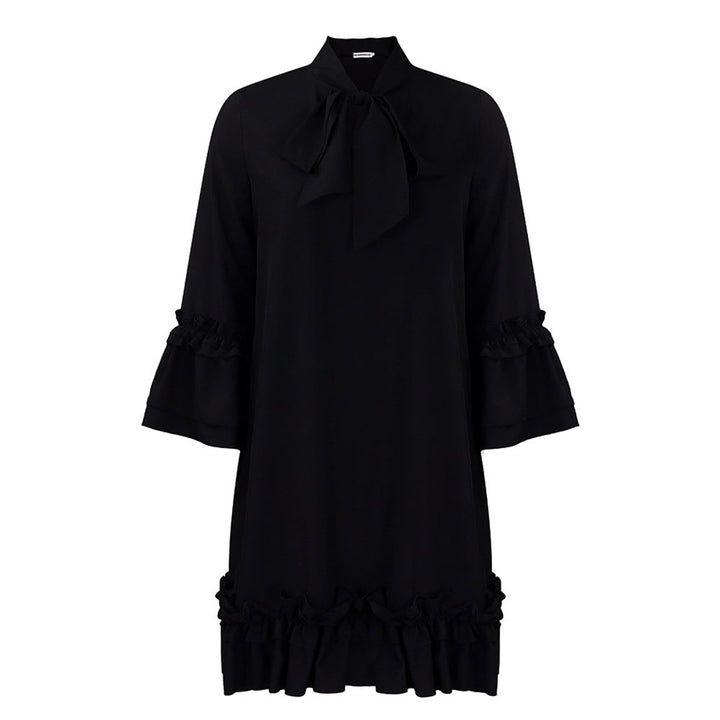 Women's Ruffle-Trim Bow-Neck Tunic Mini Dress - Schwarz