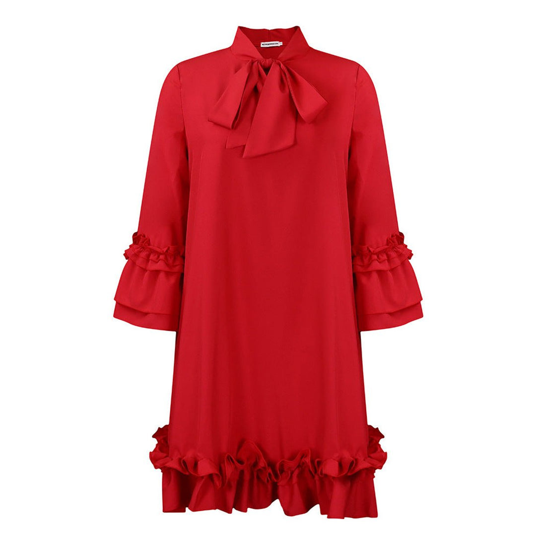 Women's Ruffle-Trim Bow-Neck Tunic Mini Dress - Rot