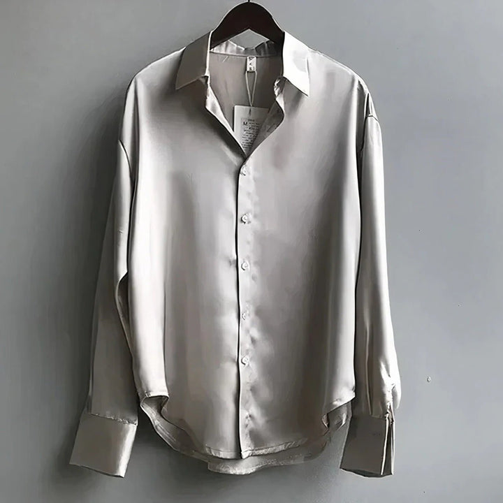 Women's Satin Button-Down Long Sleeve Collared Blouse - Gray