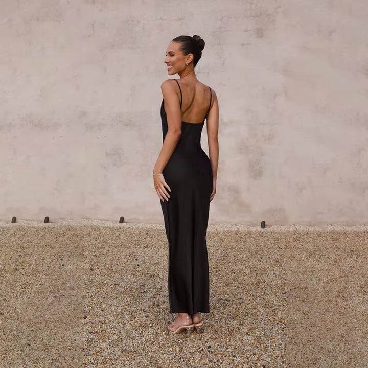 Women's Satin Cowl-Neck Open-Back Bodycon Maxi Dress