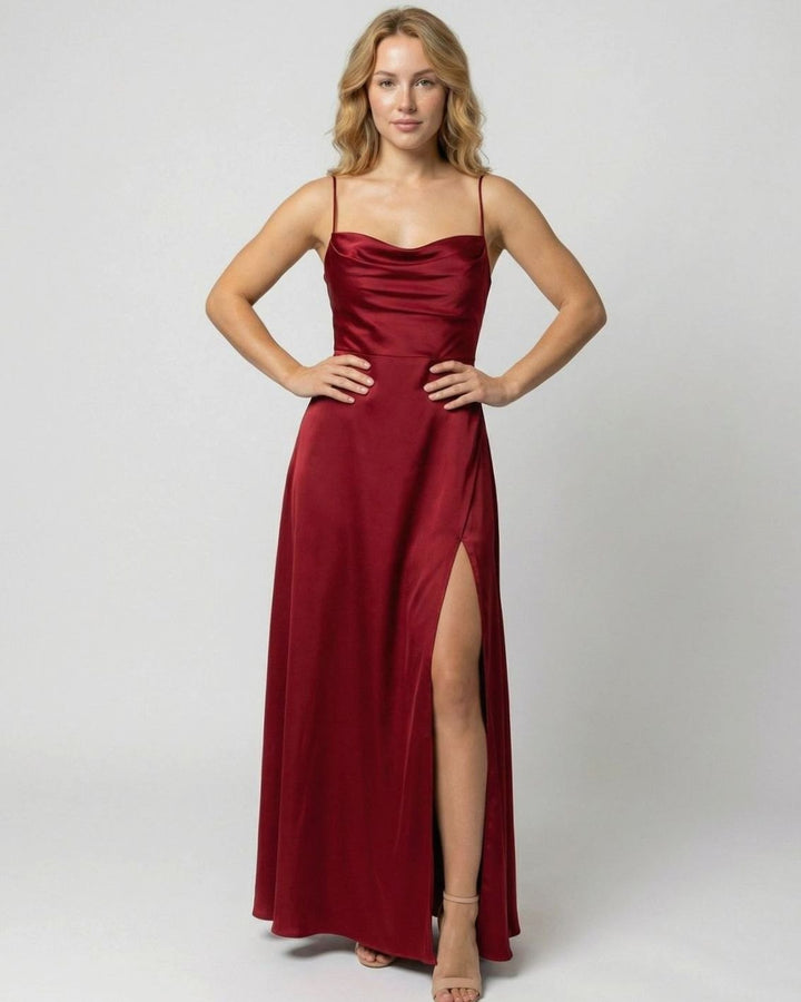 Women's Satin Cowl-Neck Spaghetti Strap Maxi Dress High Slit - Red