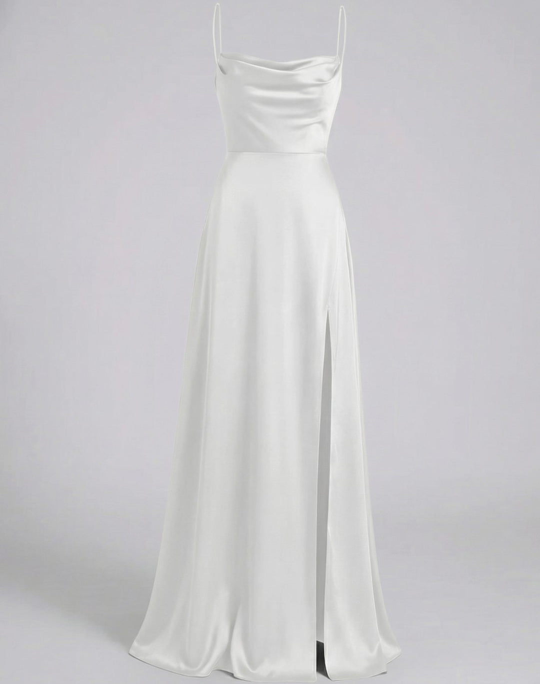 Women's Satin Cowl-Neck Spaghetti Strap Maxi Dress High Slit - White
