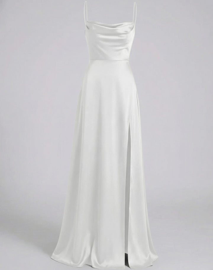Women's Satin Cowl-Neck Spaghetti Strap Maxi Dress High Slit - White