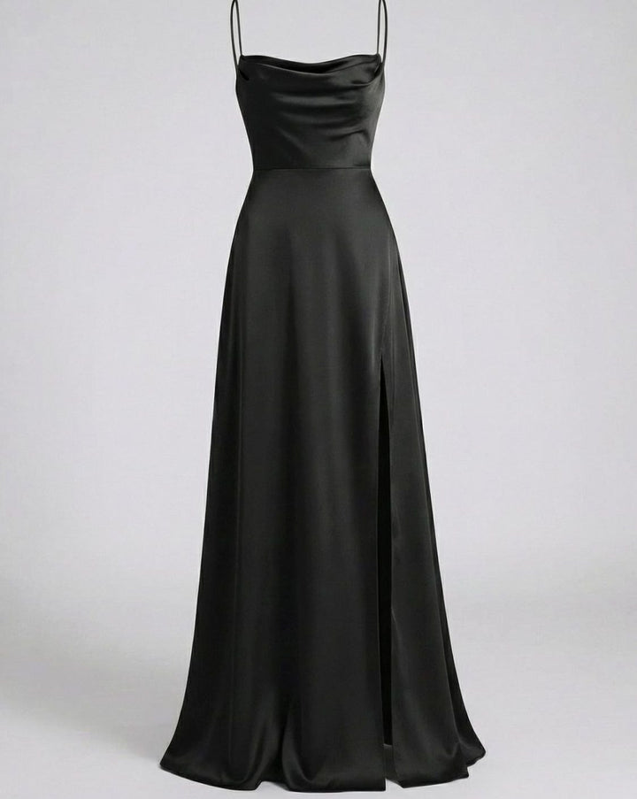 Women's Satin Cowl-Neck Spaghetti Strap Maxi Dress High Slit - Black