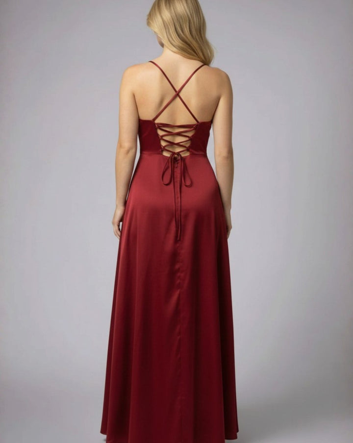 Women's Satin Cowl-Neck Spaghetti Strap Maxi Dress High Slit
