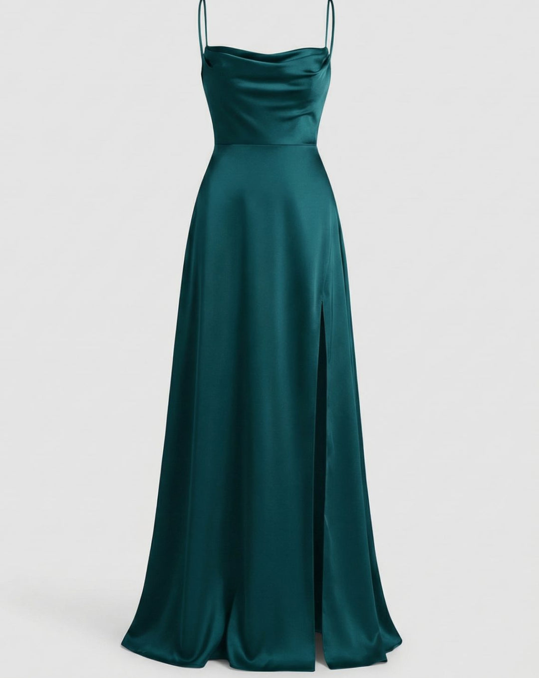 Women's Satin Cowl-Neck Spaghetti Strap Maxi Dress High Slit - Blue