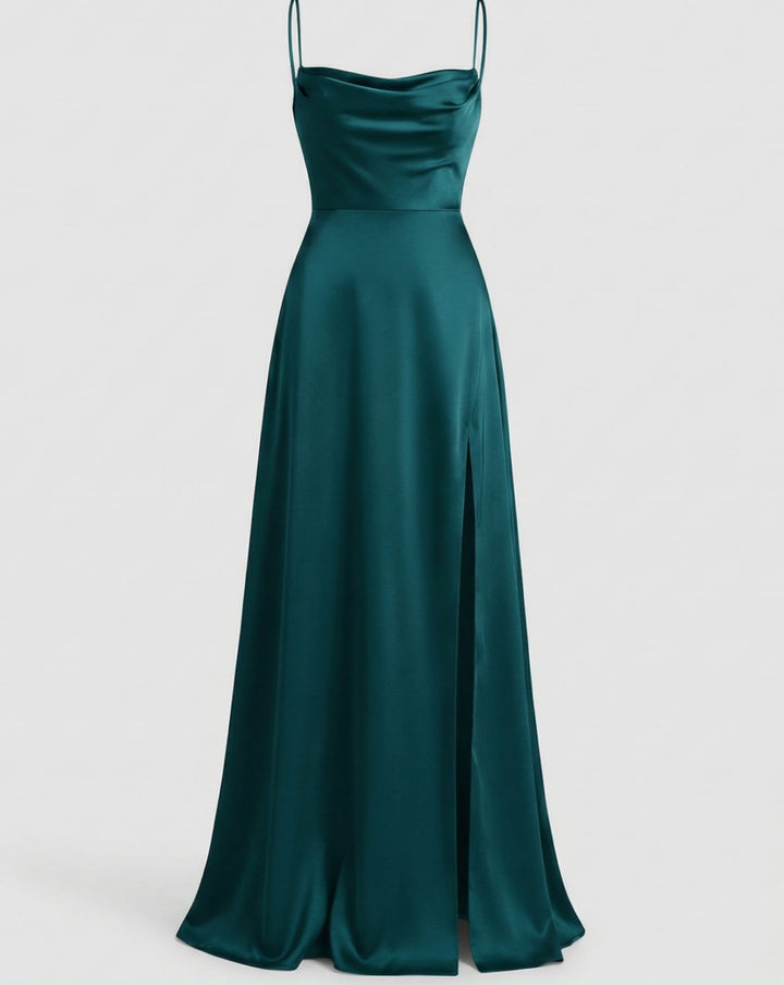 Women's Satin Cowl-Neck Spaghetti Strap Maxi Dress High Slit - Blue