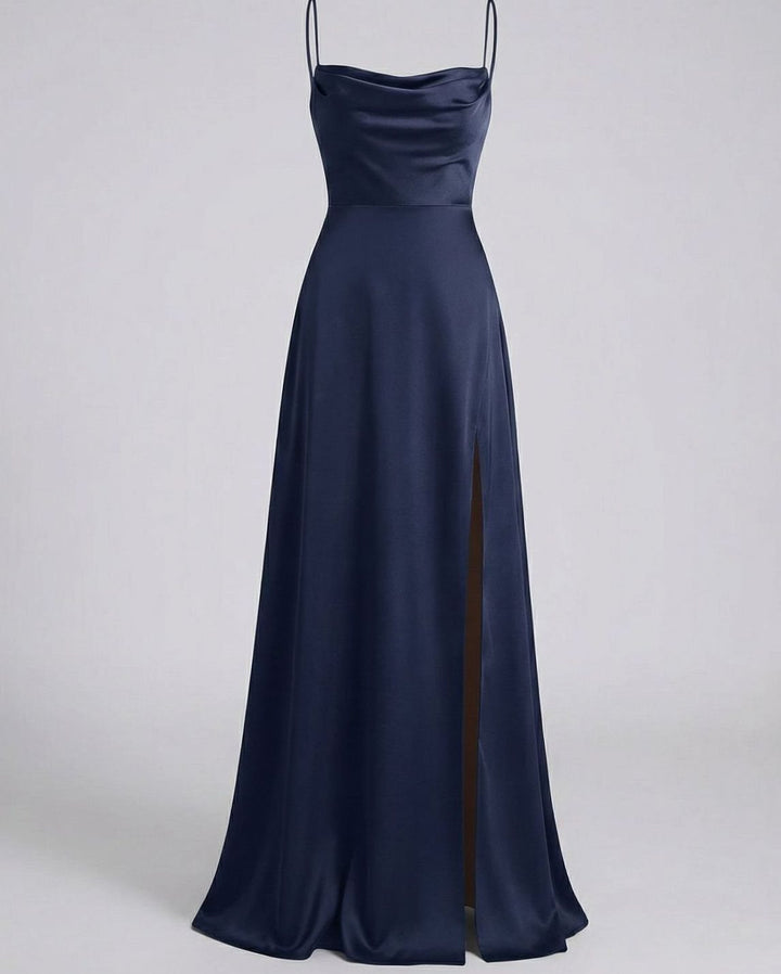 Women's Satin Cowl-Neck Spaghetti Strap Maxi Dress High Slit - Navy Blue