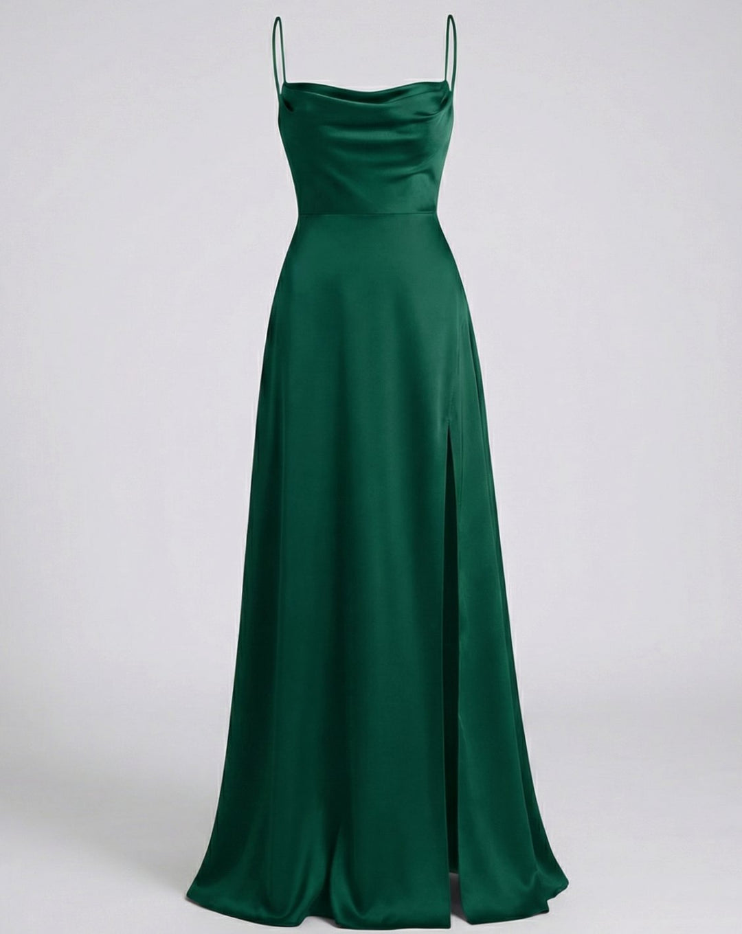 Women's Satin Cowl-Neck Spaghetti Strap Maxi Dress High Slit - Green