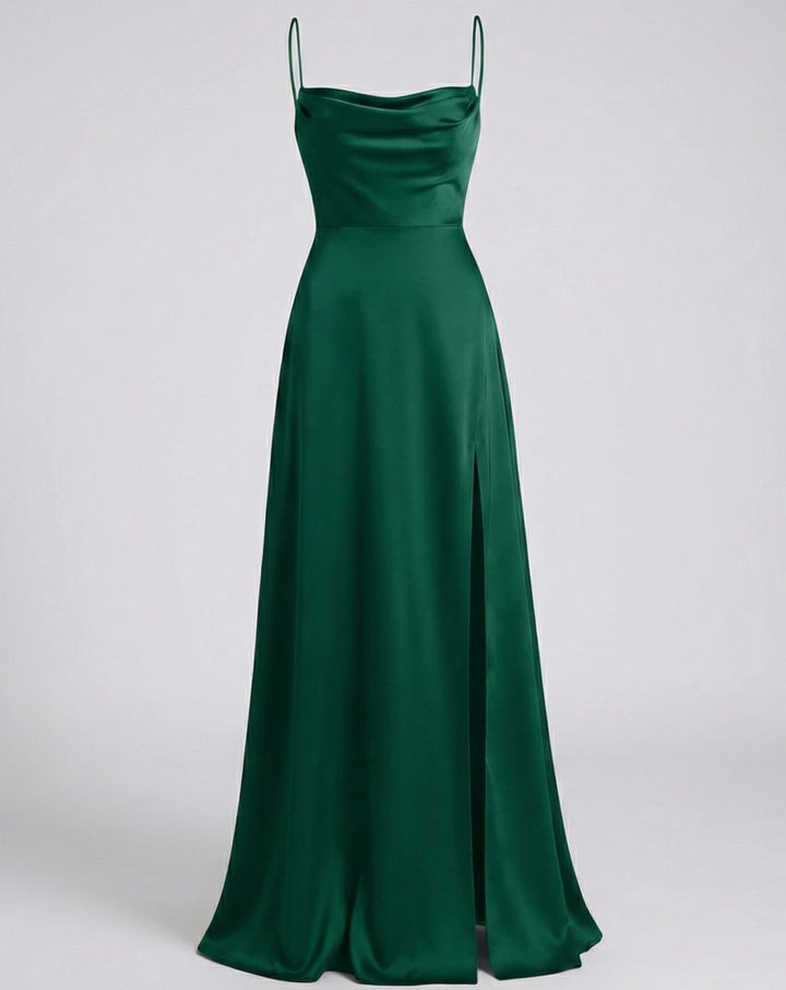 Women's Satin Cowl-Neck Spaghetti Strap Maxi Dress High Slit - Green