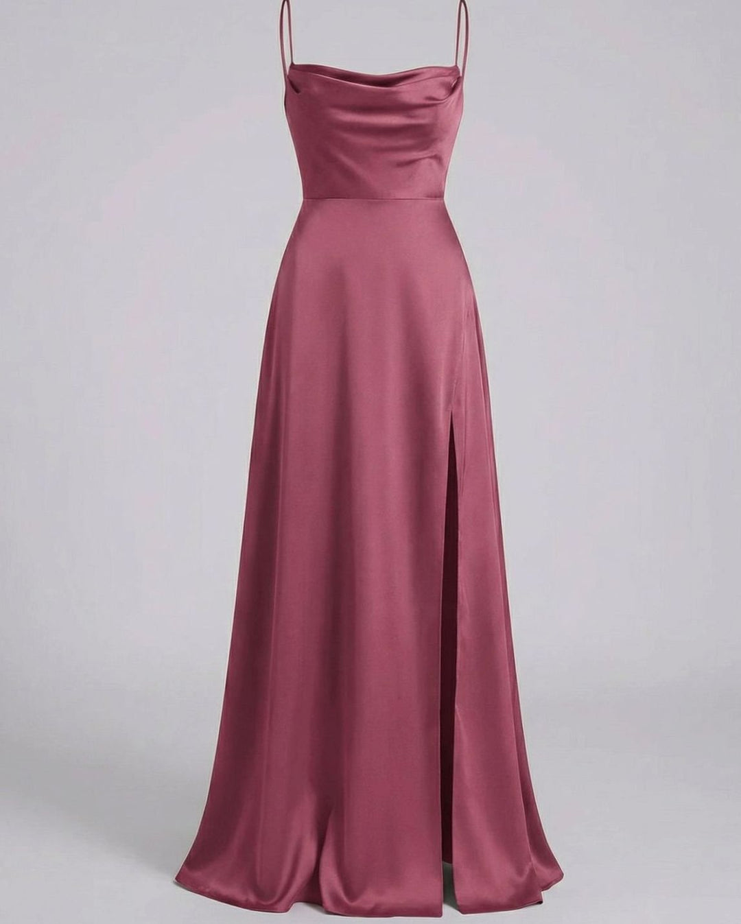 Women's Satin Cowl-Neck Spaghetti Strap Maxi Dress High Slit - Pink