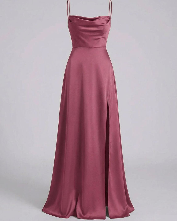 Women's Satin Cowl-Neck Spaghetti Strap Maxi Dress High Slit - Pink