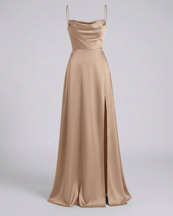 Women's Satin Cowl-Neck Spaghetti Strap Maxi Dress High Slit - Brown