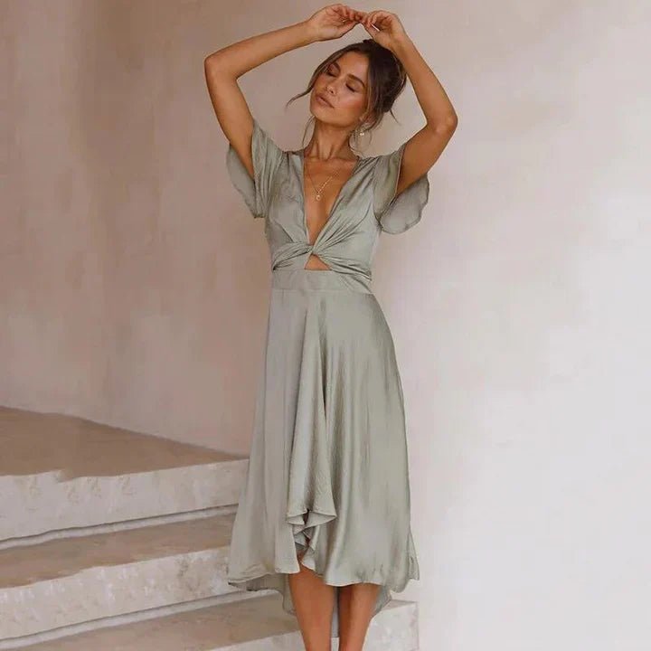 Women's Satin Deep V-Neck Flutter Sleeve Tie-Front Midi Dress - Olive
