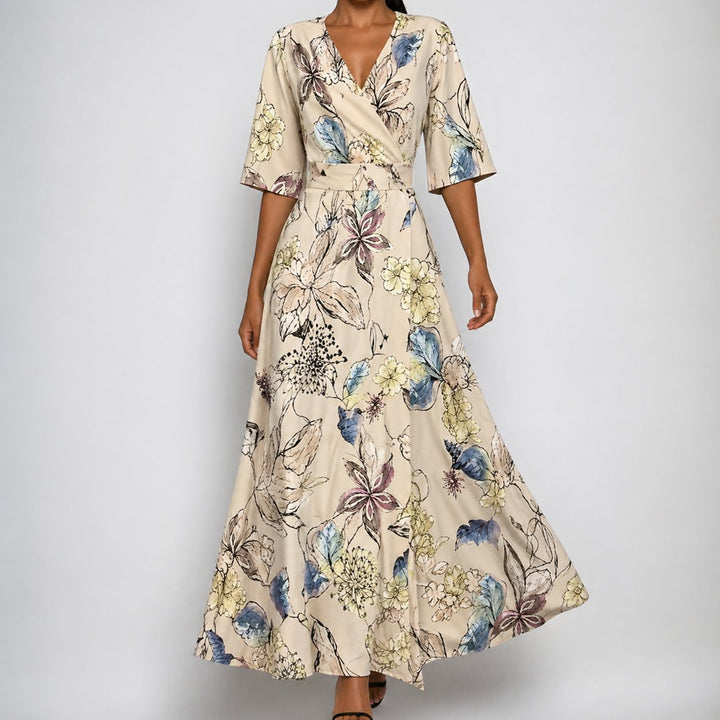 Women's Satin Floral Wrap V-Neck Belted Maxi Dress - Beige